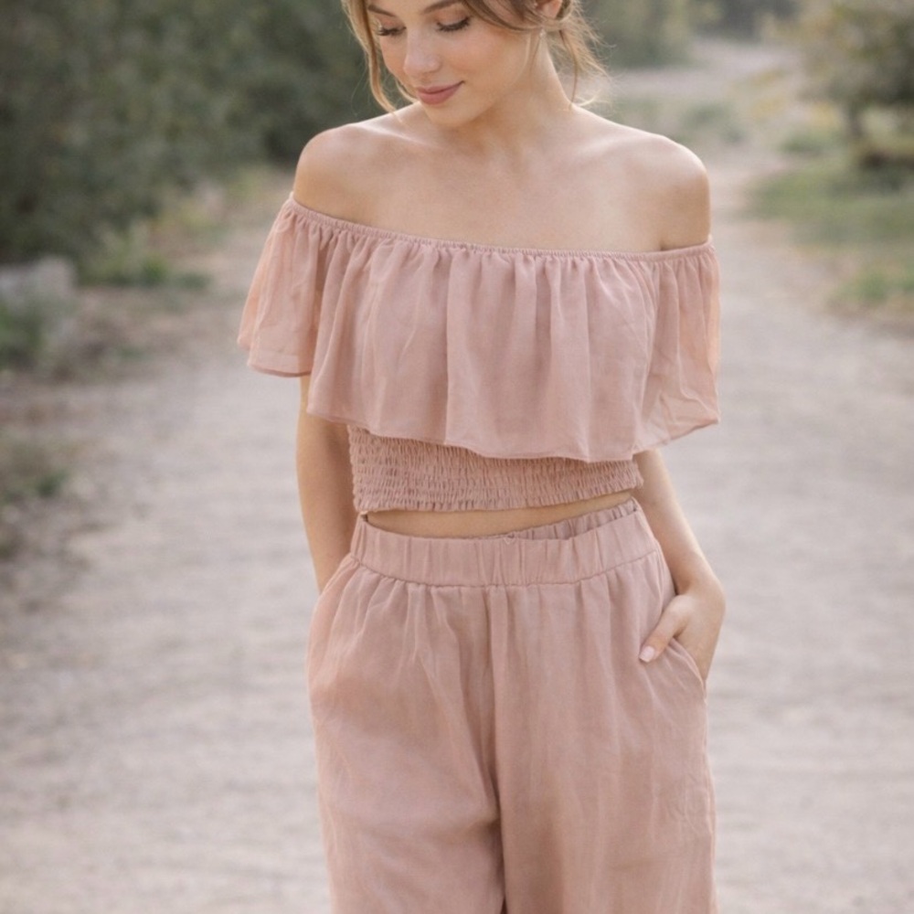 Fashion Nova Blush Pink Off-Shoulder Wide Leg Jumpsuit